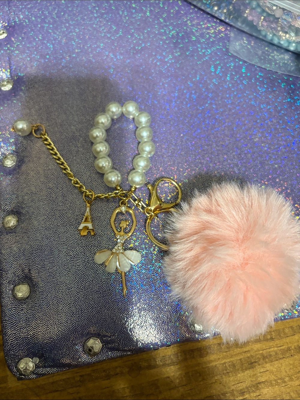 Pearl Bead Ballerina w/ Pink Faux Fur Pom Gold Charms~ New